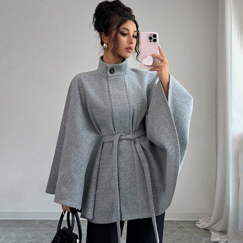 Elegant Stand Collar Tie-Waist Cape-Style Designer Woolen Coat-Gray
