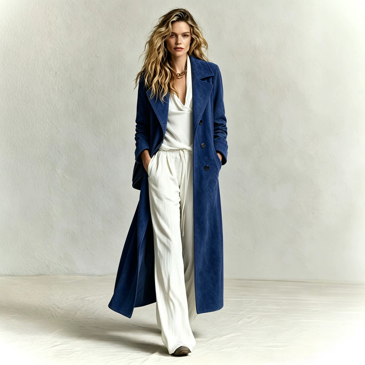 Women's Suede Long Coat – Oversized Lapel, Straight Fit, Slimming, Elegant Commuter Outerwear-Blue