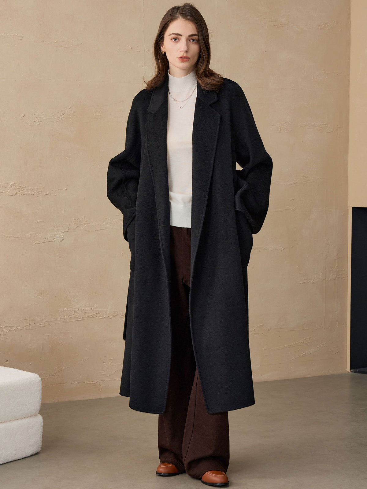 Women's Classic Double-Faced Wool Coat – Elegant Bathrobe-Style European Fit Woolen Overcoat