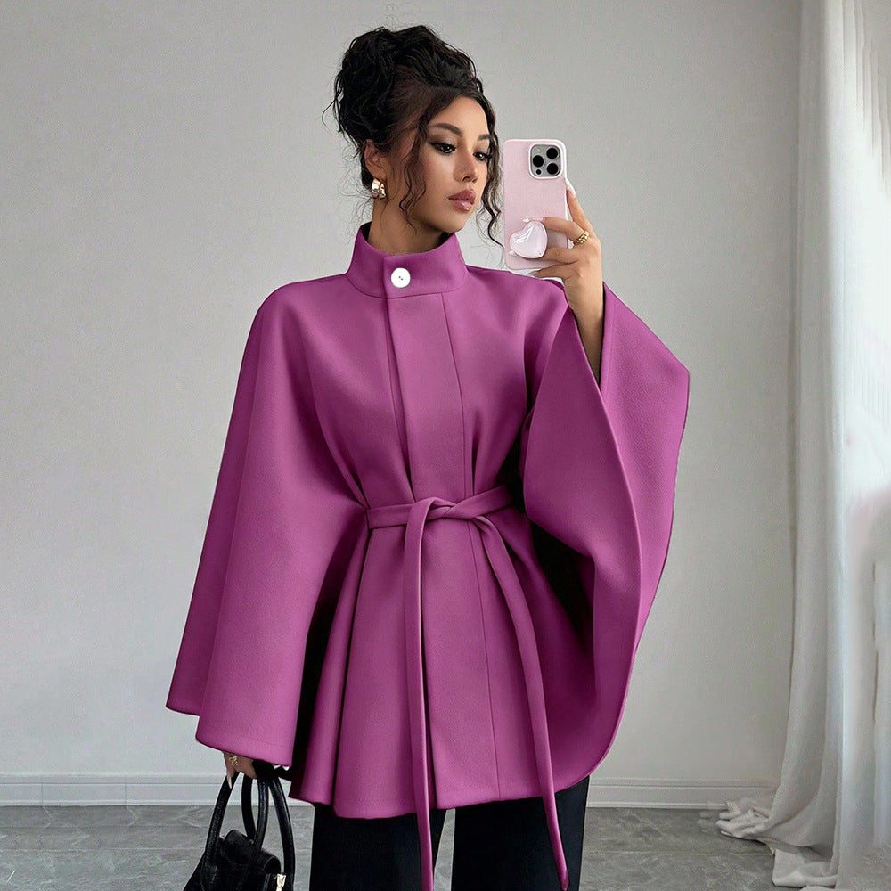 Elegant Stand Collar Tie-Waist Cape-Style Designer Woolen Coat-Pink