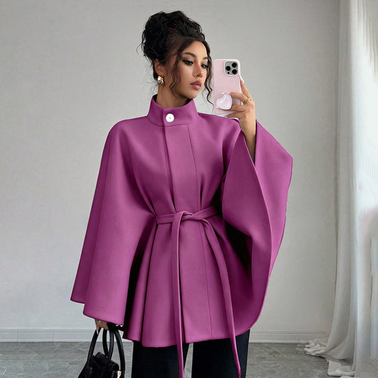 Elegant Stand Collar Tie-Waist Cape-Style Designer Woolen Coat-Pink