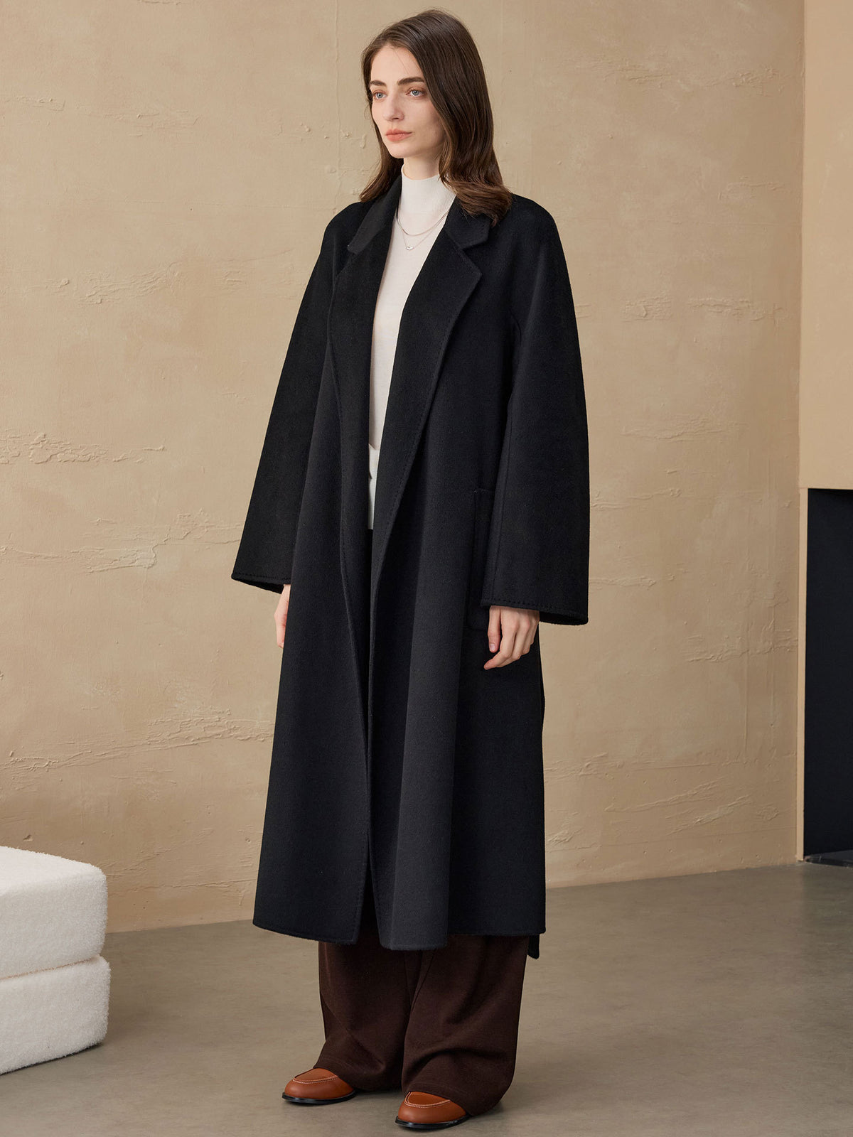 Women's Classic Double-Faced Wool Coat – Elegant Bathrobe-Style European Fit Woolen Overcoat