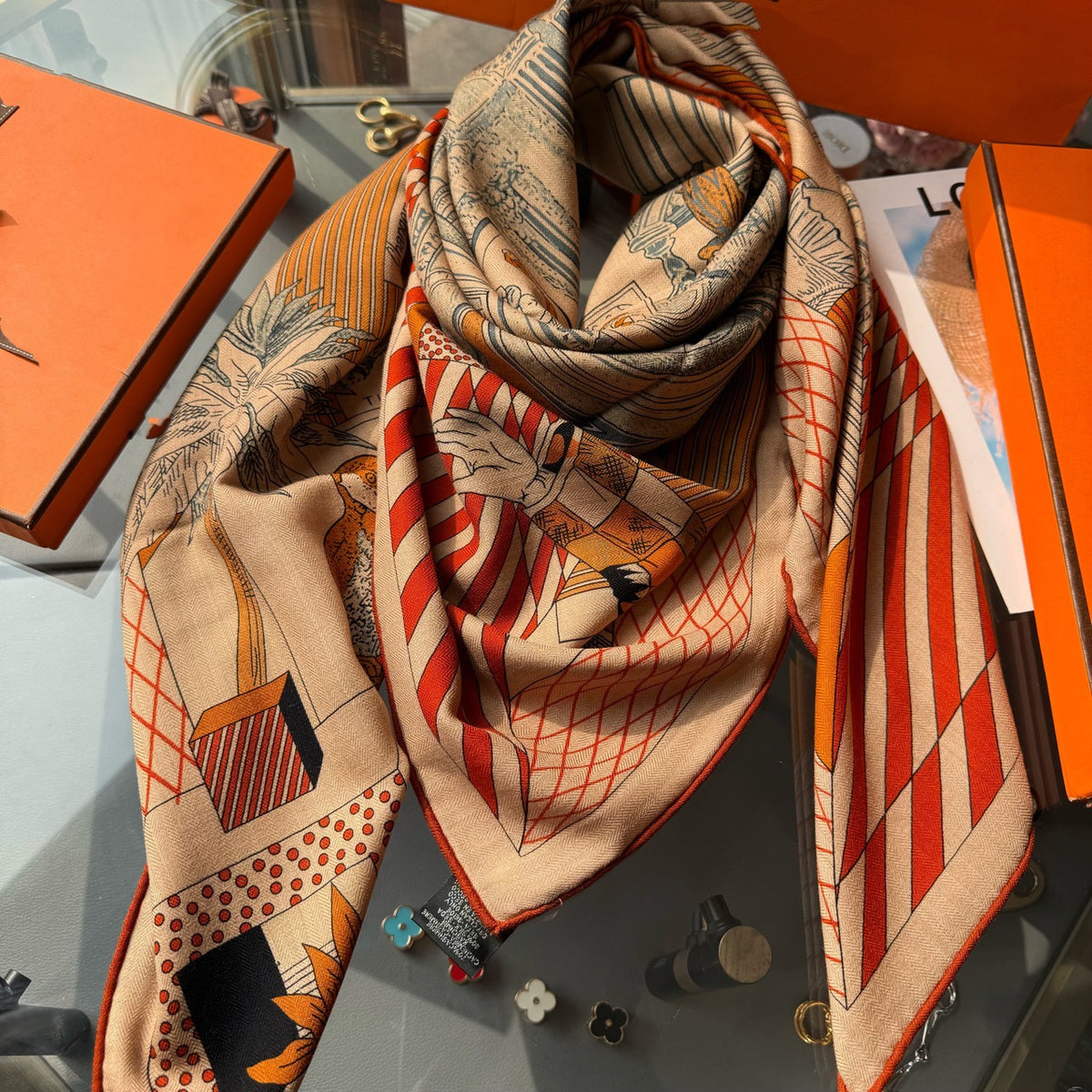 Women's 130x130 Animal Theater Square Scarf – Handmade Hem, Shawl, Multifunctional, Premium
