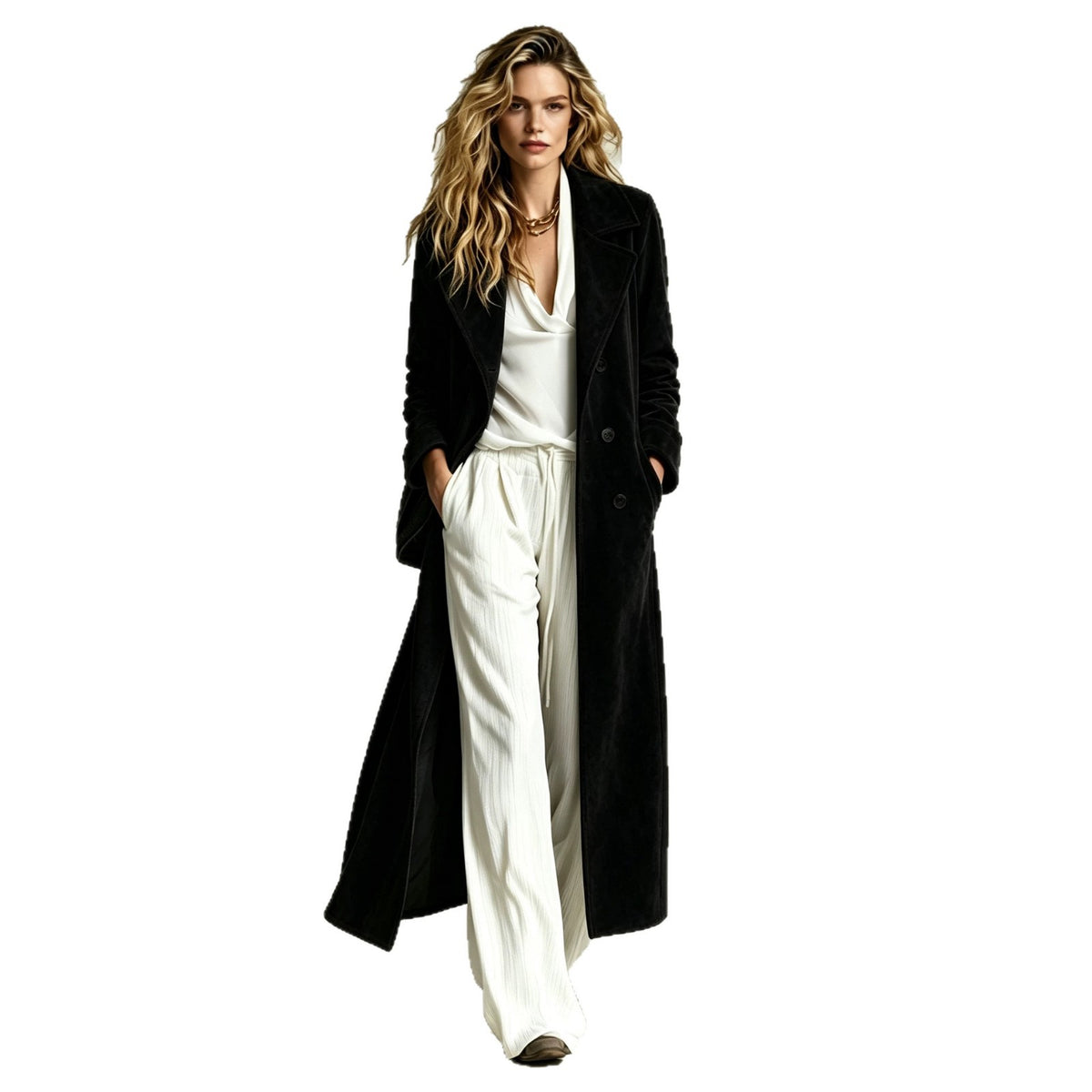 Women's Suede Long Coat – Oversized Lapel, Straight Fit, Slimming, Elegant Commuter Outerwear-Black