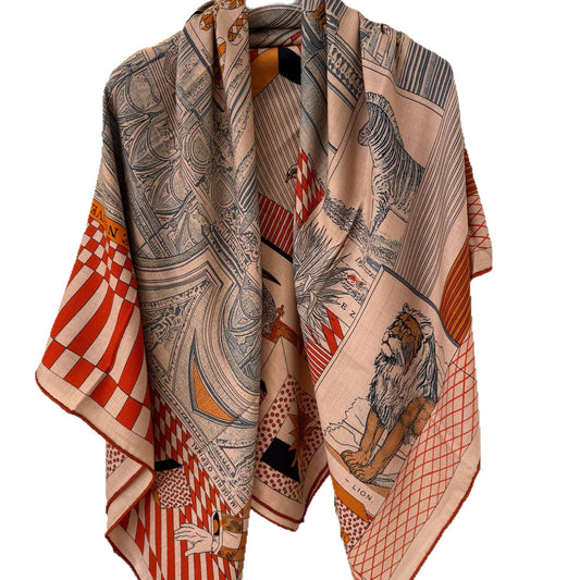 Women's 130x130 Animal Theater Square Scarf – Handmade Hem, Shawl, Multifunctional, Premium