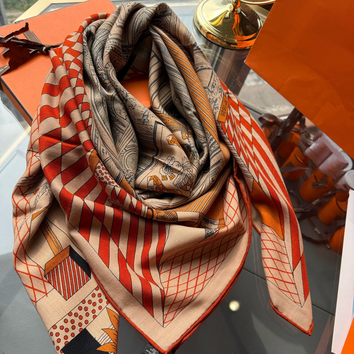 Women's 130x130 Animal Theater Square Scarf – Handmade Hem, Shawl, Multifunctional, Premium