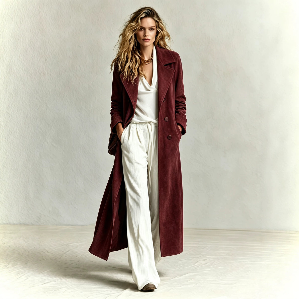 Women's Suede Long Coat – Oversized Lapel, Straight Fit, Slimming, Elegant Commuter Outerwear-Red