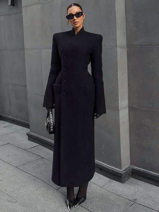 Women's Elegant Stand Collar Single-Breasted Waist-Cinched Long Silhouette Winter Woolen Coat – Premium Feel